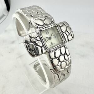 Women’s Silver Pebbled Cross Cuff Watch Mother of Pearl Dial - Has New Battery